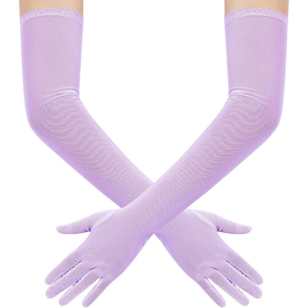 Women's Tulle Mesh Lavender Long Stretchy Gloves Halloween Party Wedding Costume